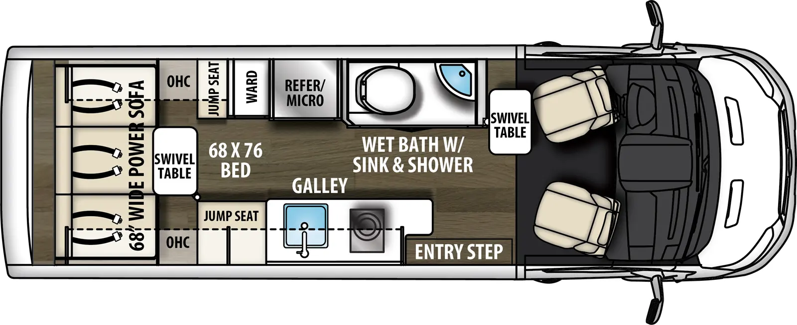 The Beyond 22C has 0 slideouts and 1 entry door and rear doors. Interior layout from front to back; lagun table; door side Galley kitchen with LP cooktop and sink near entry; off door wet bath with toilet, sink and shower; off door side convection microwave and refrigerator and wardrobe next to jump seat with overhead cabinets; rear lagun table with 68 inch wide power sofa and overhead cabinets. 68 inch by 76 inch Bed from sofa.